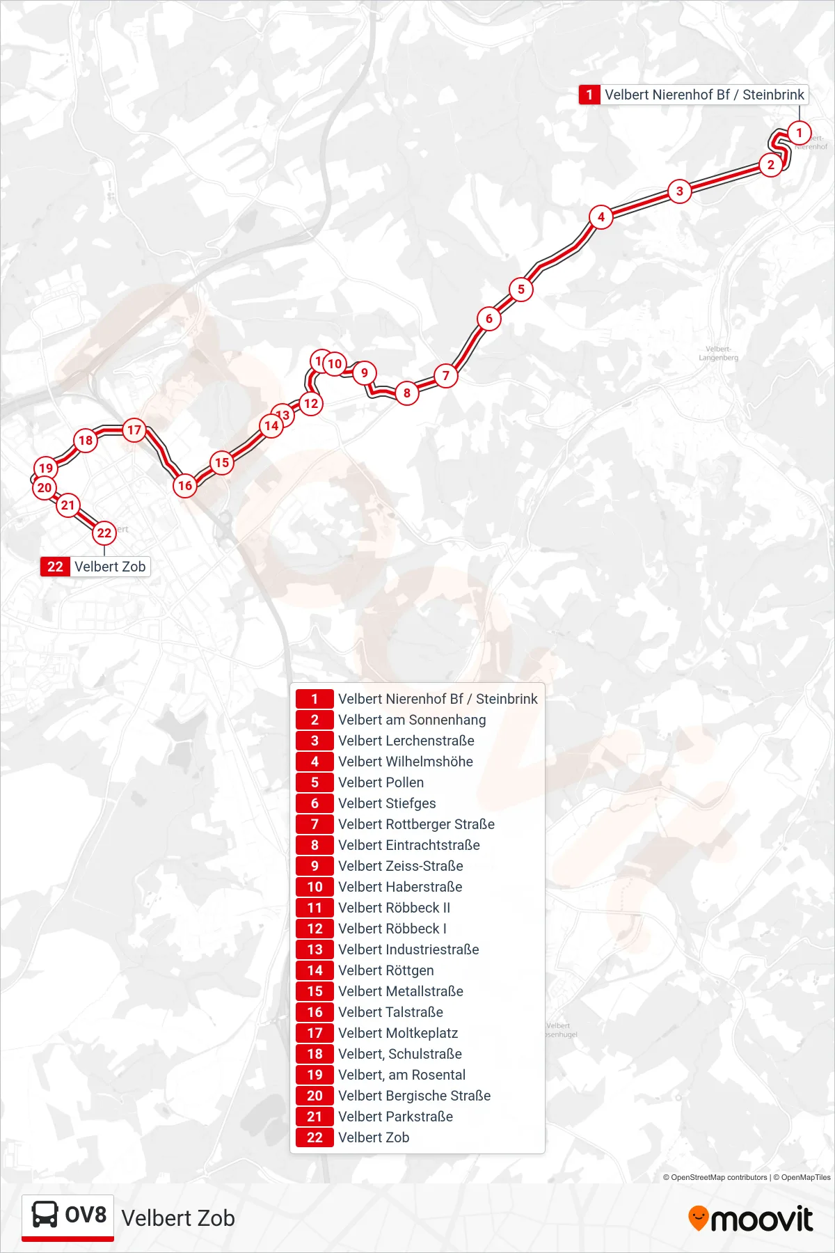 Linie OV8 (Bus) Richtung Velbert Zob: Route und Haltestellen auf der Karte