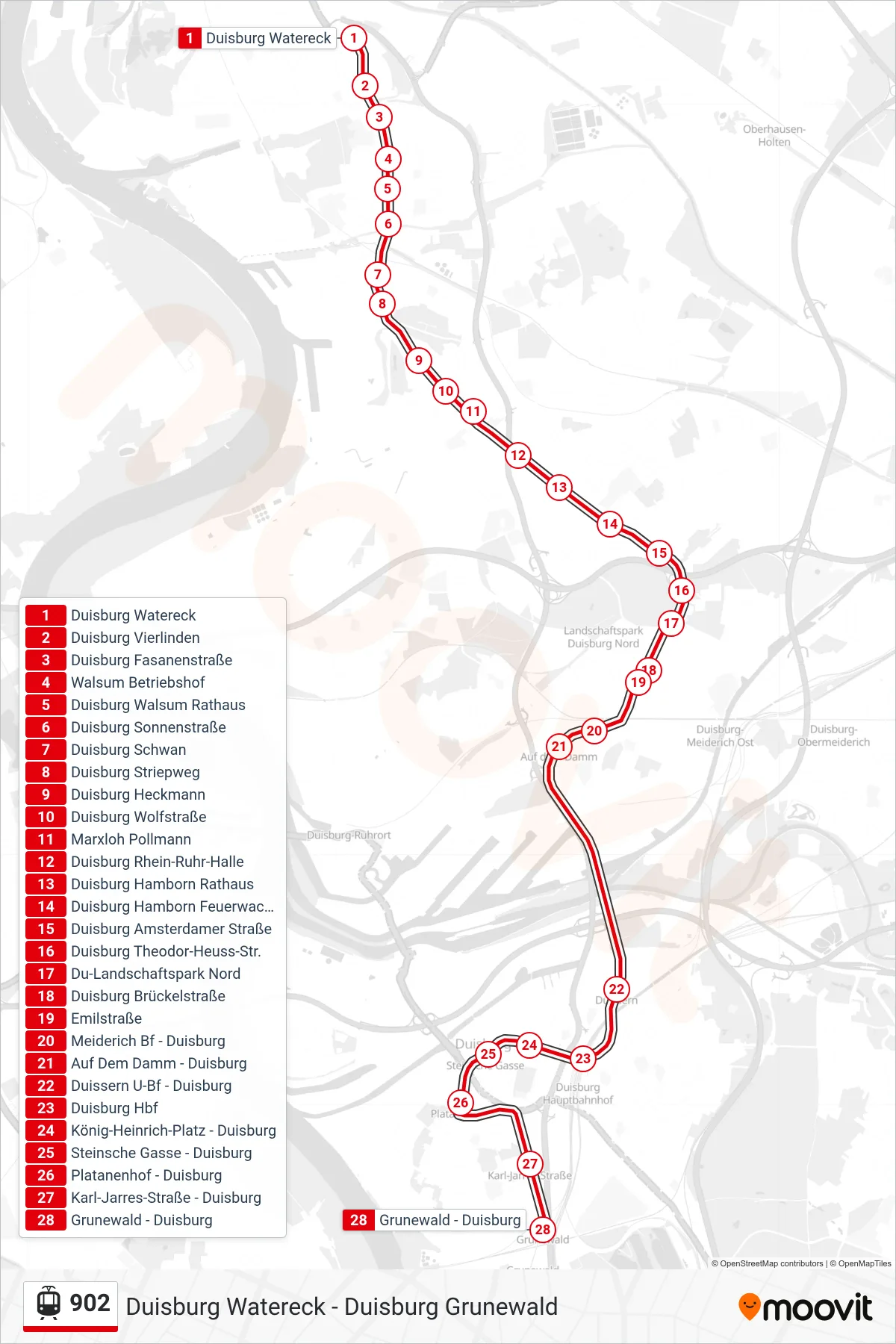 Linie 902 (Straßenbahn) Richtung Duisburg Grunewald: Route und Haltestellen auf der Karte
