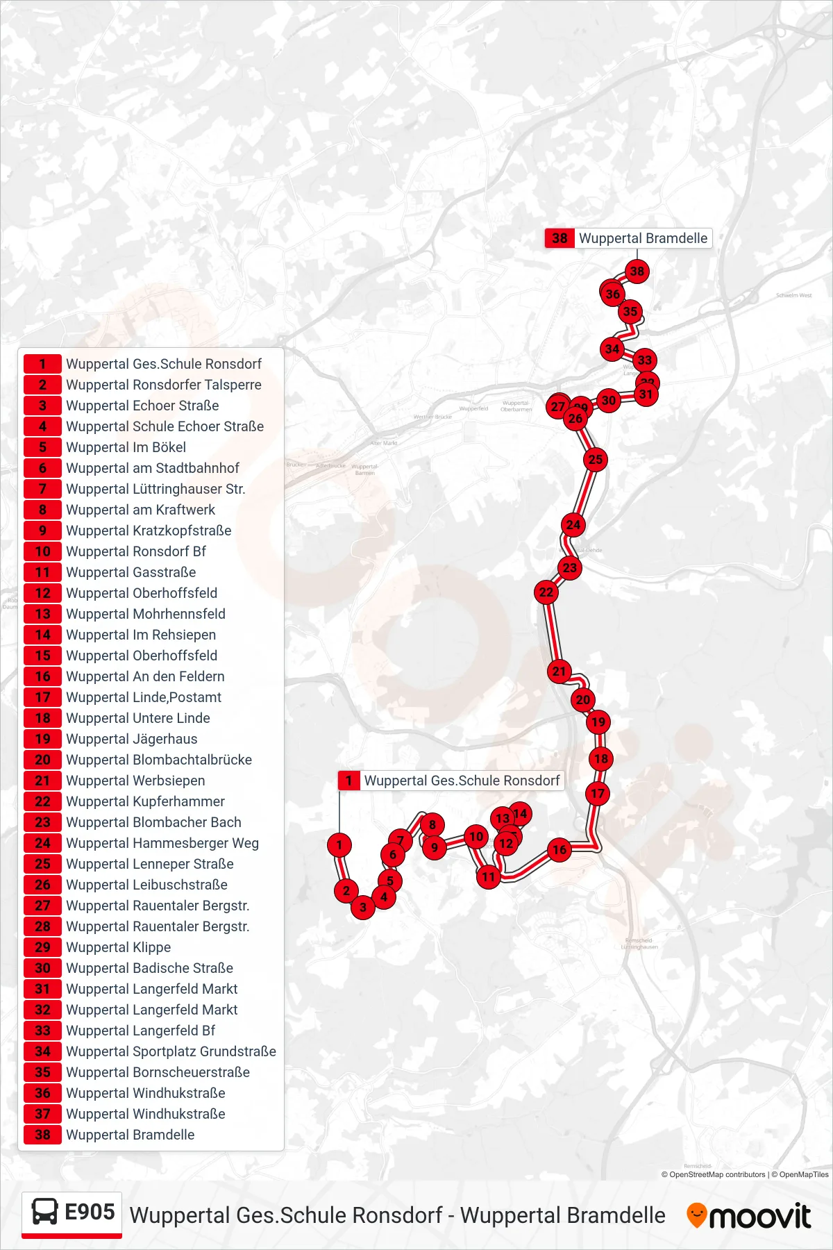 Linie E905 (Bus) Richtung Wuppertal Bramdelle: Route und Haltestellen auf der Karte