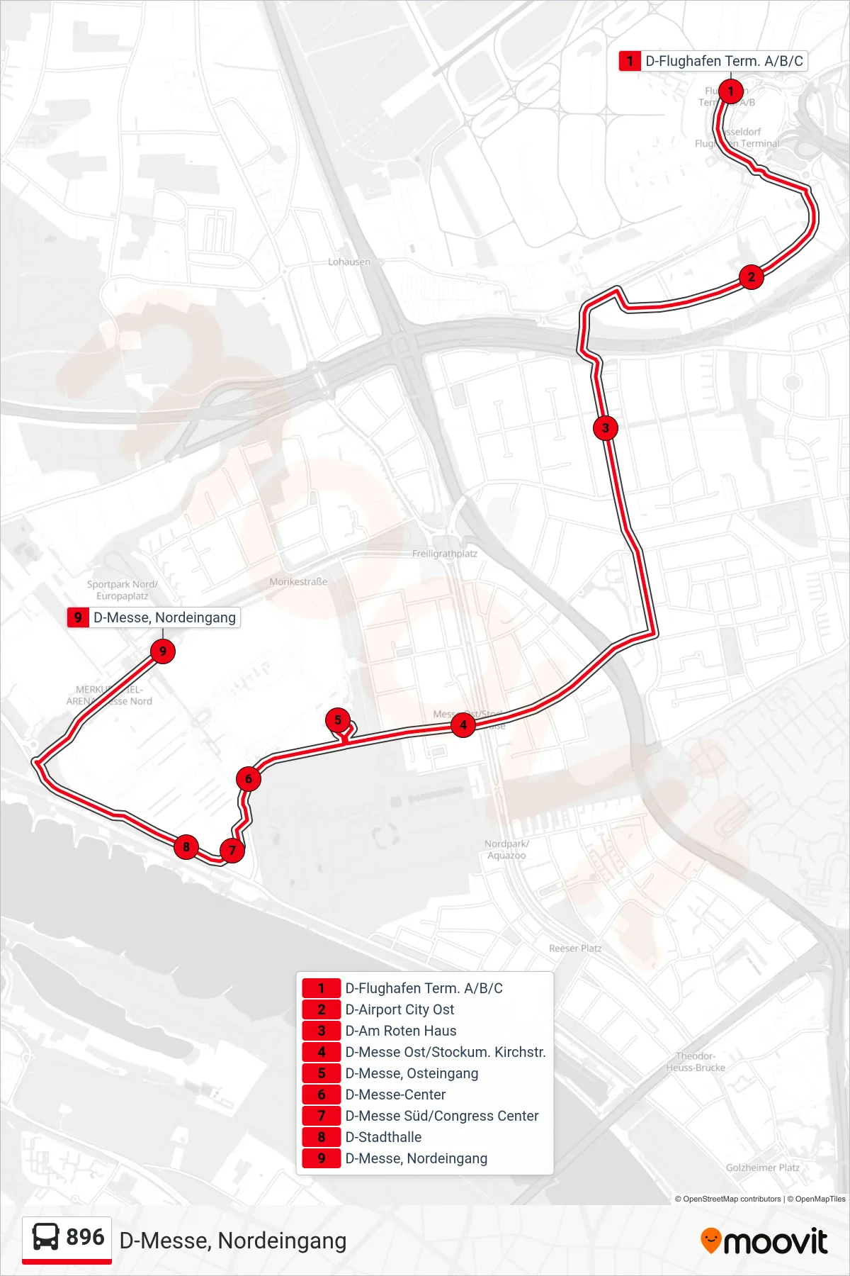 Linie 896 (Bus) Richtung D-Messe, Nordeingang: Route und Haltestellen auf der Karte