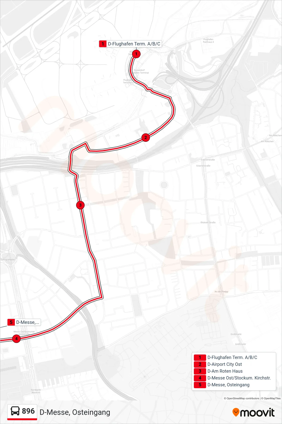 896 bus Line (D-Messe, Osteingang) route and stops on a map