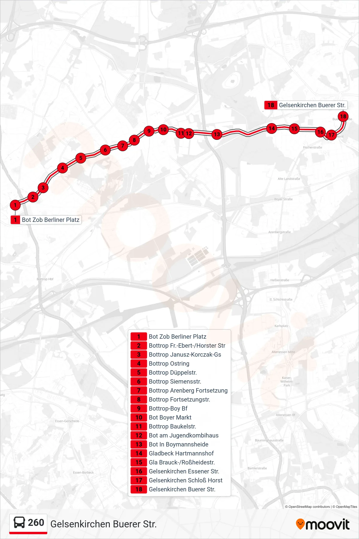 Linie 260 (Bus) Richtung Gelsenkirchen Buerer Str.: Route und Haltestellen auf der Karte