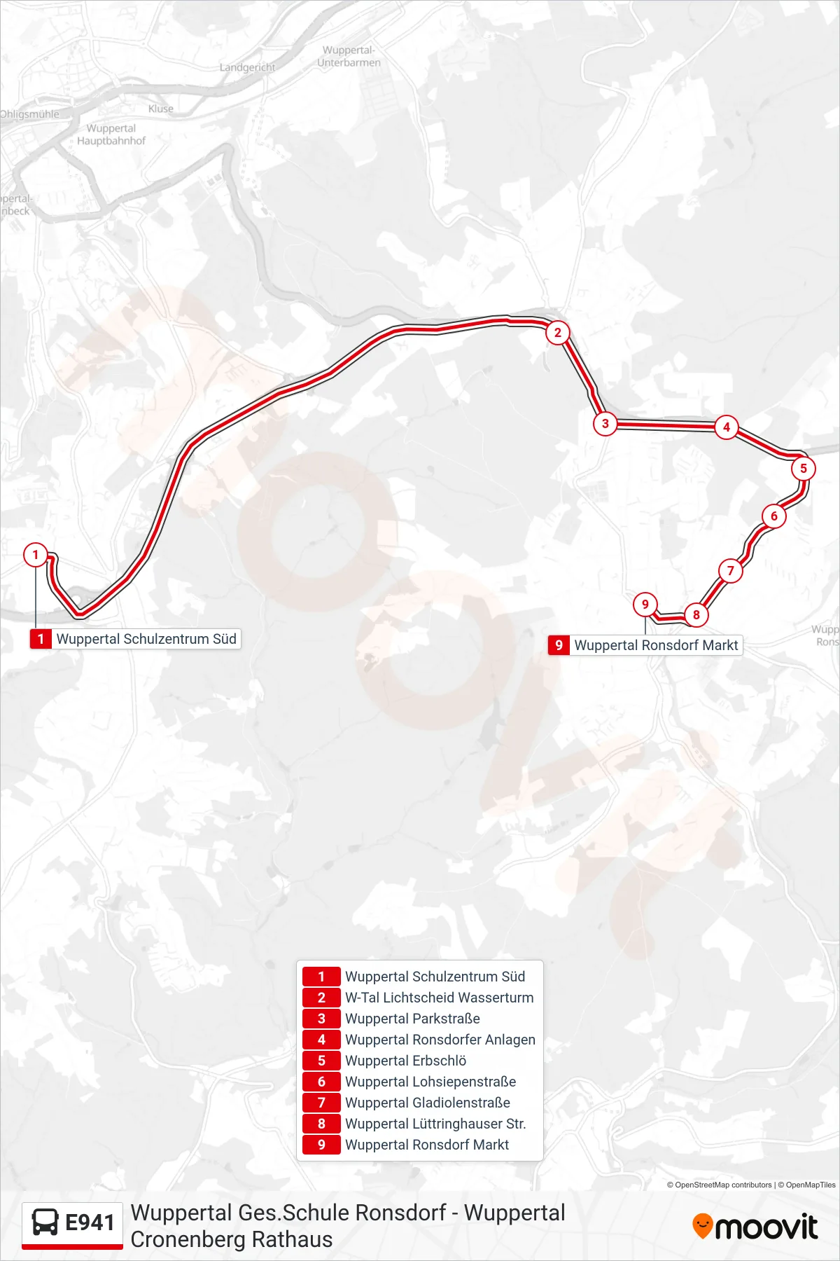 E941 bus Line (Wuppertal Ronsdorf Markt) route and stops on a map