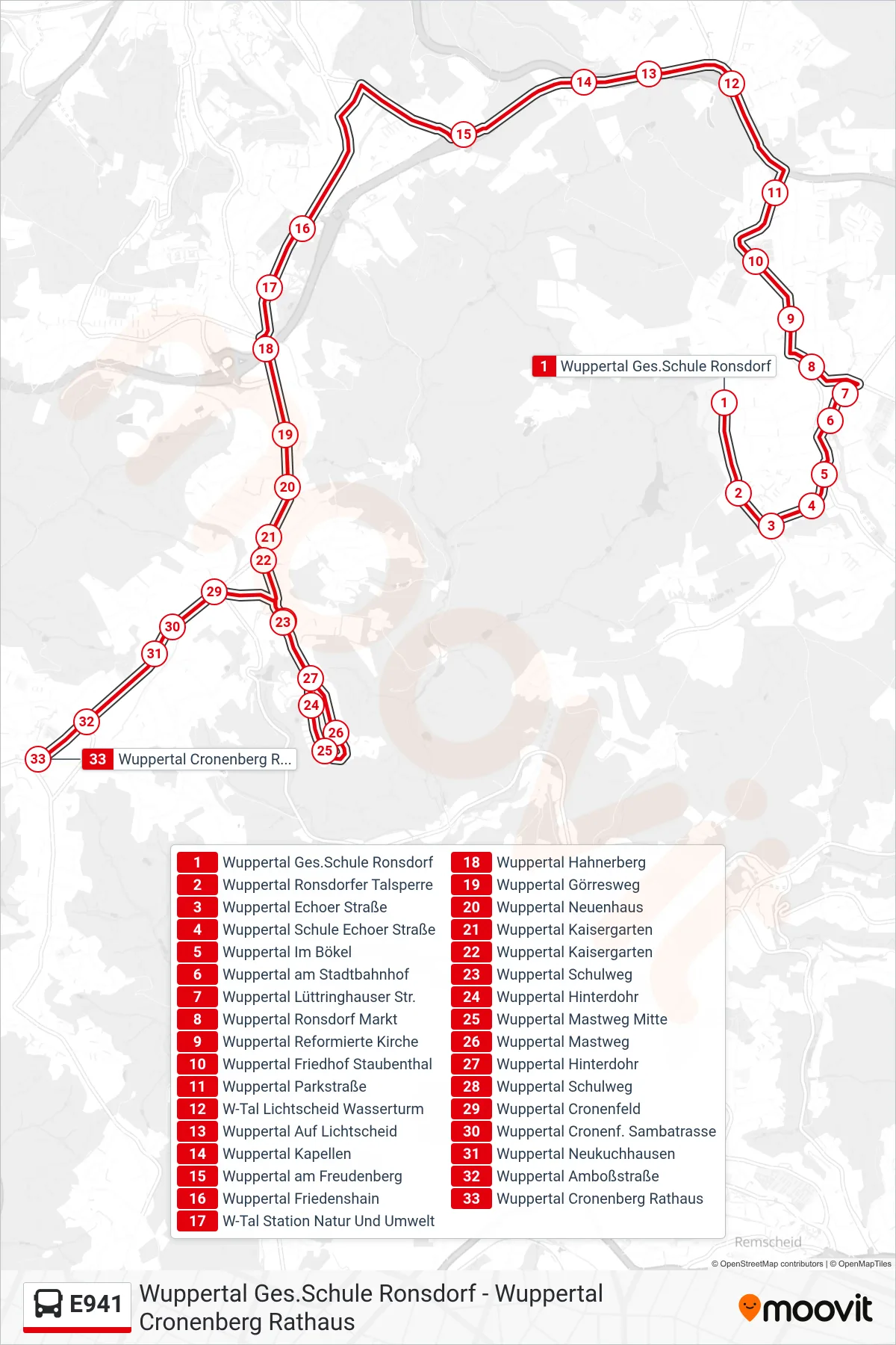 Linie E941 (Bus) Richtung Wuppertal Cronenberg Rathaus: Route und Haltestellen auf der Karte