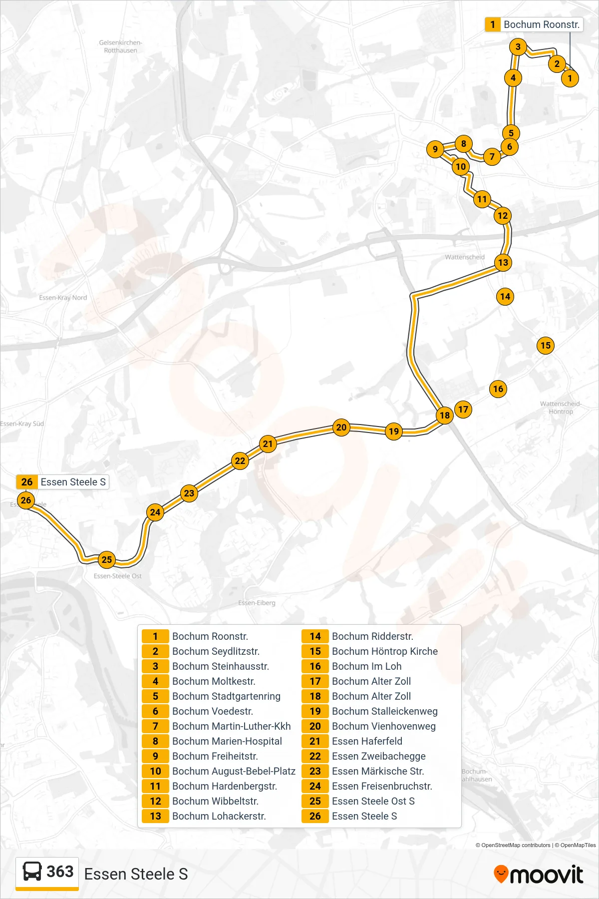363 bus Line (Essen Steele S) route and stops on a map
