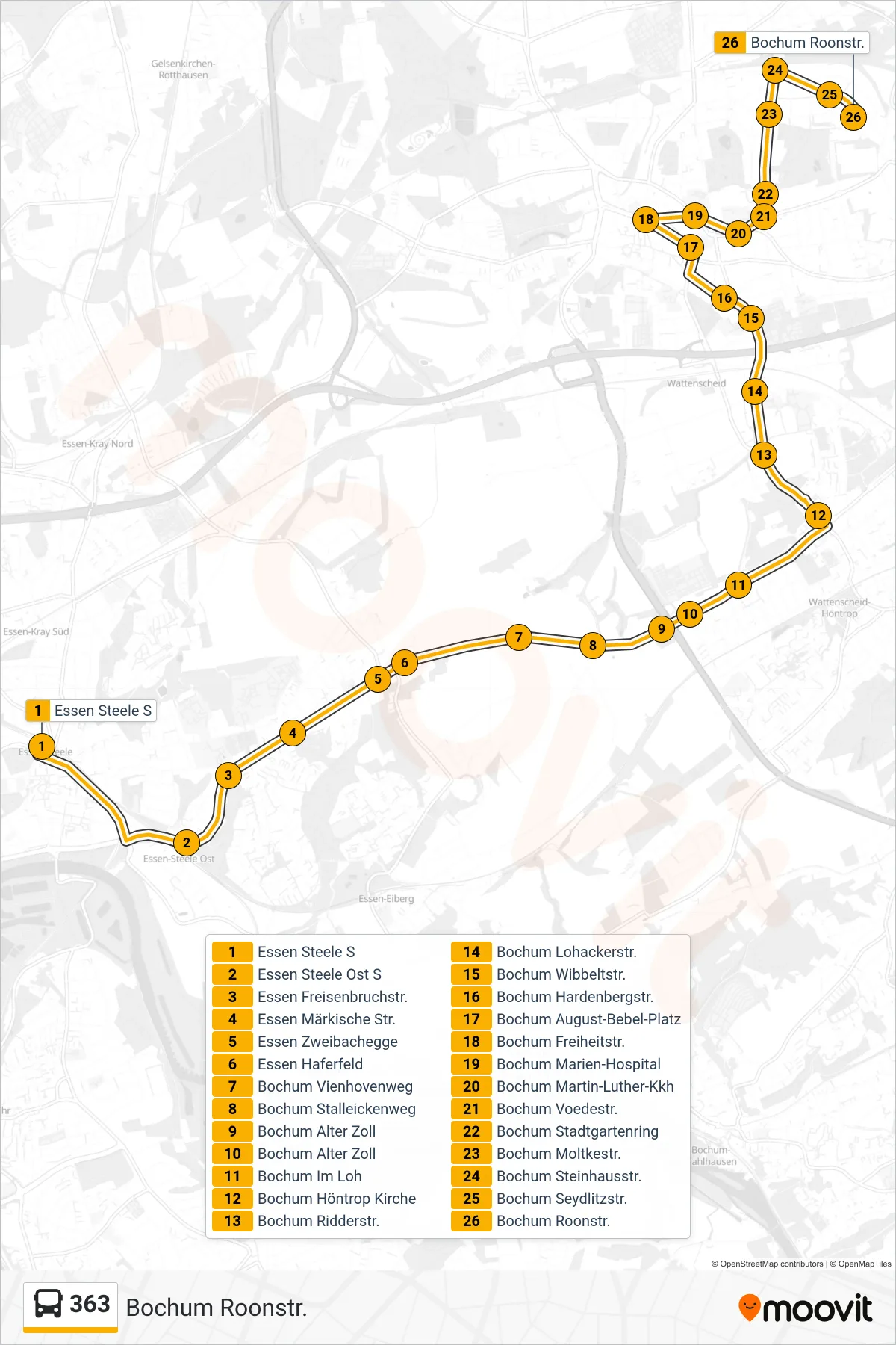 363 bus Line (Bochum Roonstr.) route and stops on a map