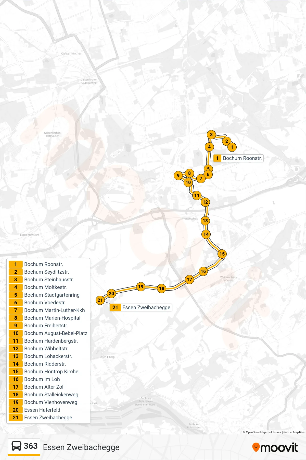 Linie 363 (Bus) Richtung Essen Zweibachegge: Route und Haltestellen auf der Karte