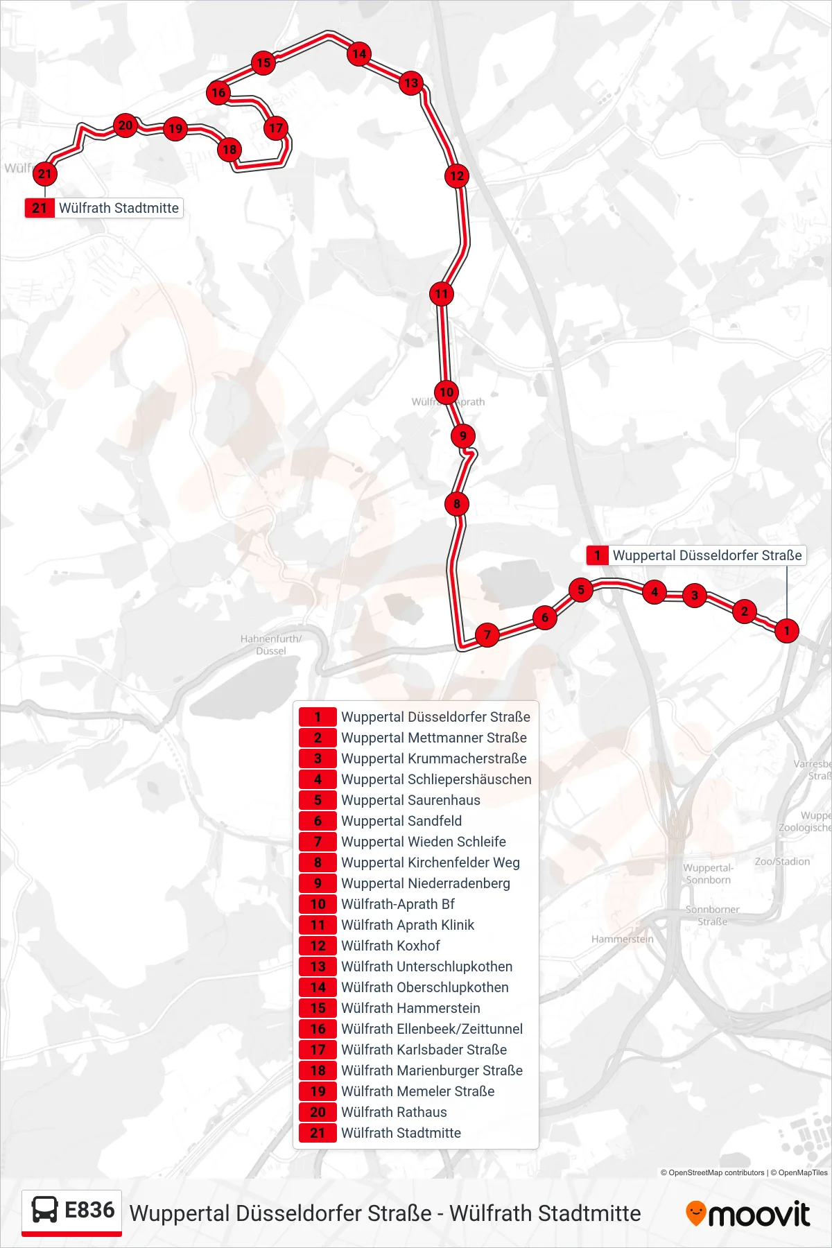 Linie E836 (Bus) Richtung Wülfrath Stadtmitte: Route und Haltestellen auf der Karte