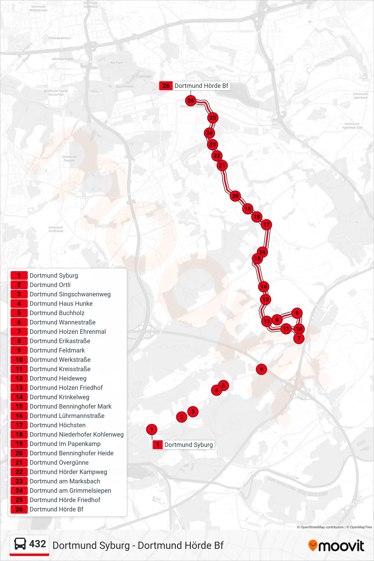 432 bus Line (Dortmund Hörde Bf) route and stops on a map