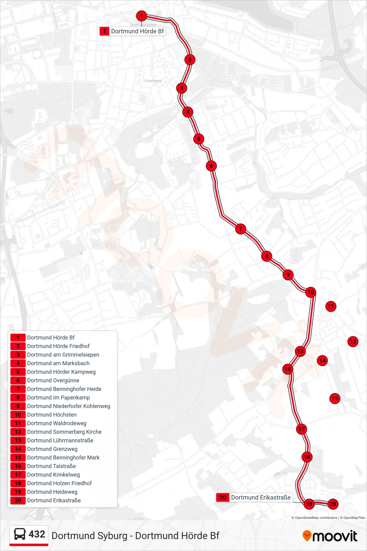 Linie 432 (Bus) Richtung Dortmund Erikastraße: Route und Haltestellen auf der Karte