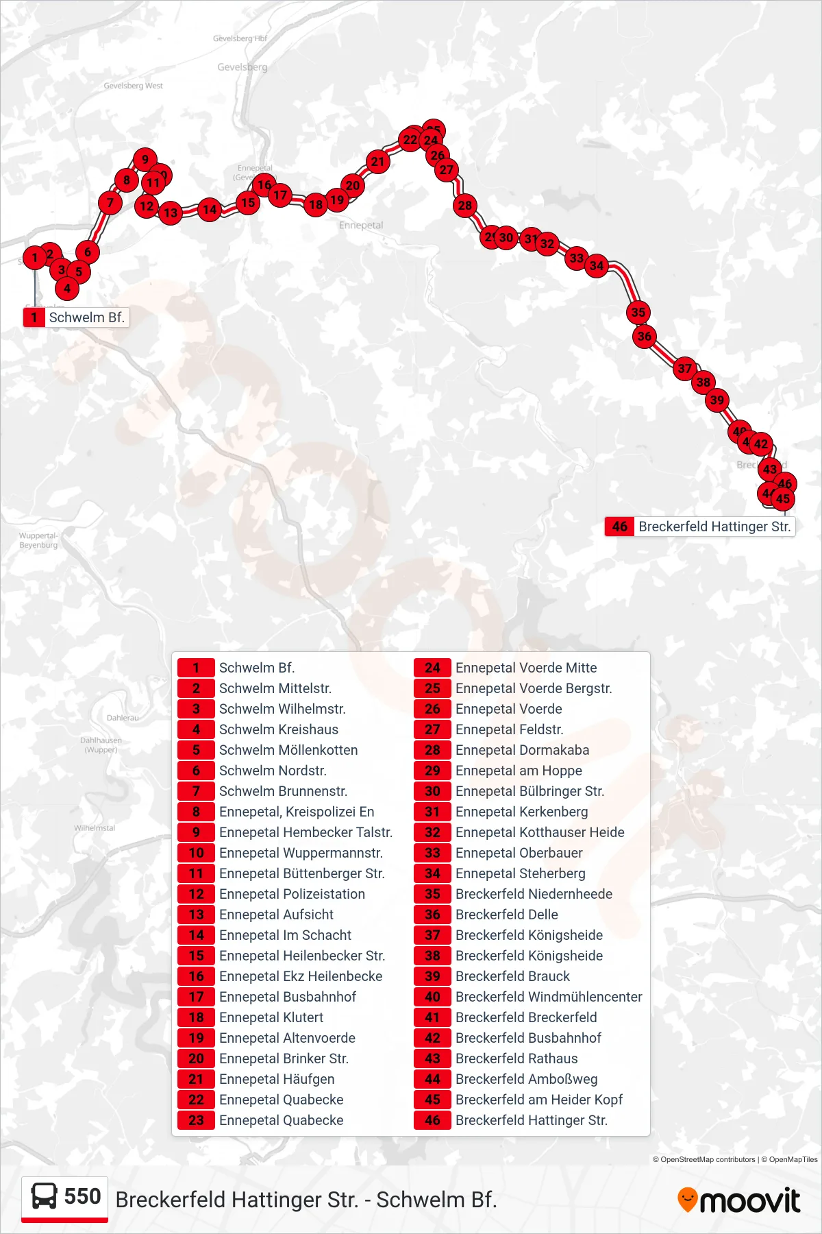 550 bus Line (Breckerfeld Hattinger Str.) route and stops on a map