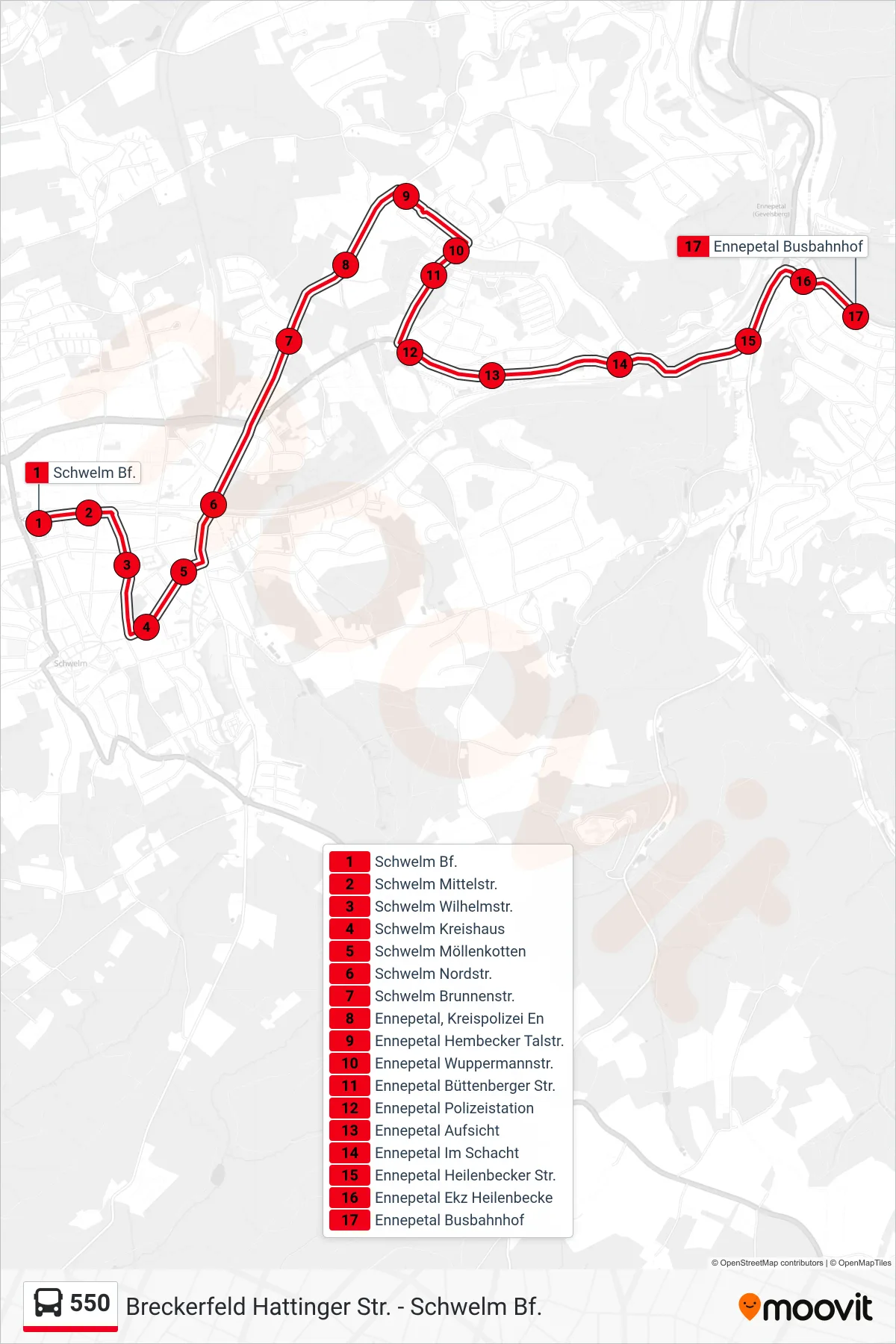 550 bus Line (Ennepetal Busbahnhof) route and stops on a map