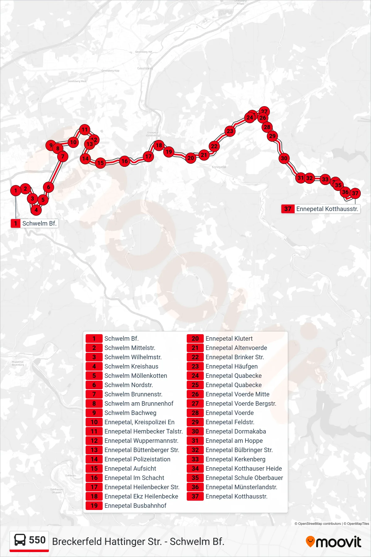 Linie 550 (Bus) Richtung Ennepetal Kotthausstr.: Route und Haltestellen auf der Karte