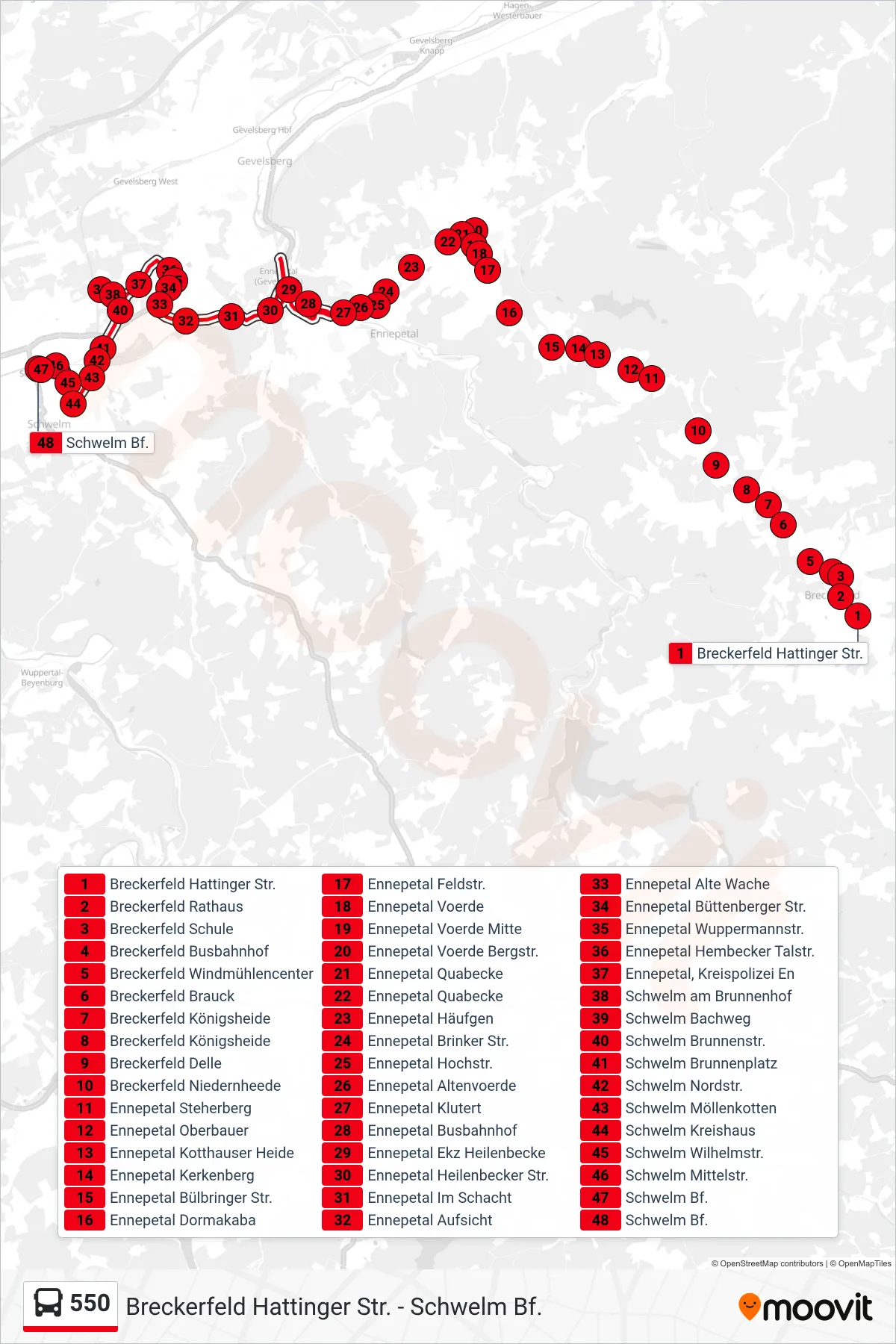 Linie 550 (Bus) Richtung Schwelm Bf.: Route und Haltestellen auf der Karte