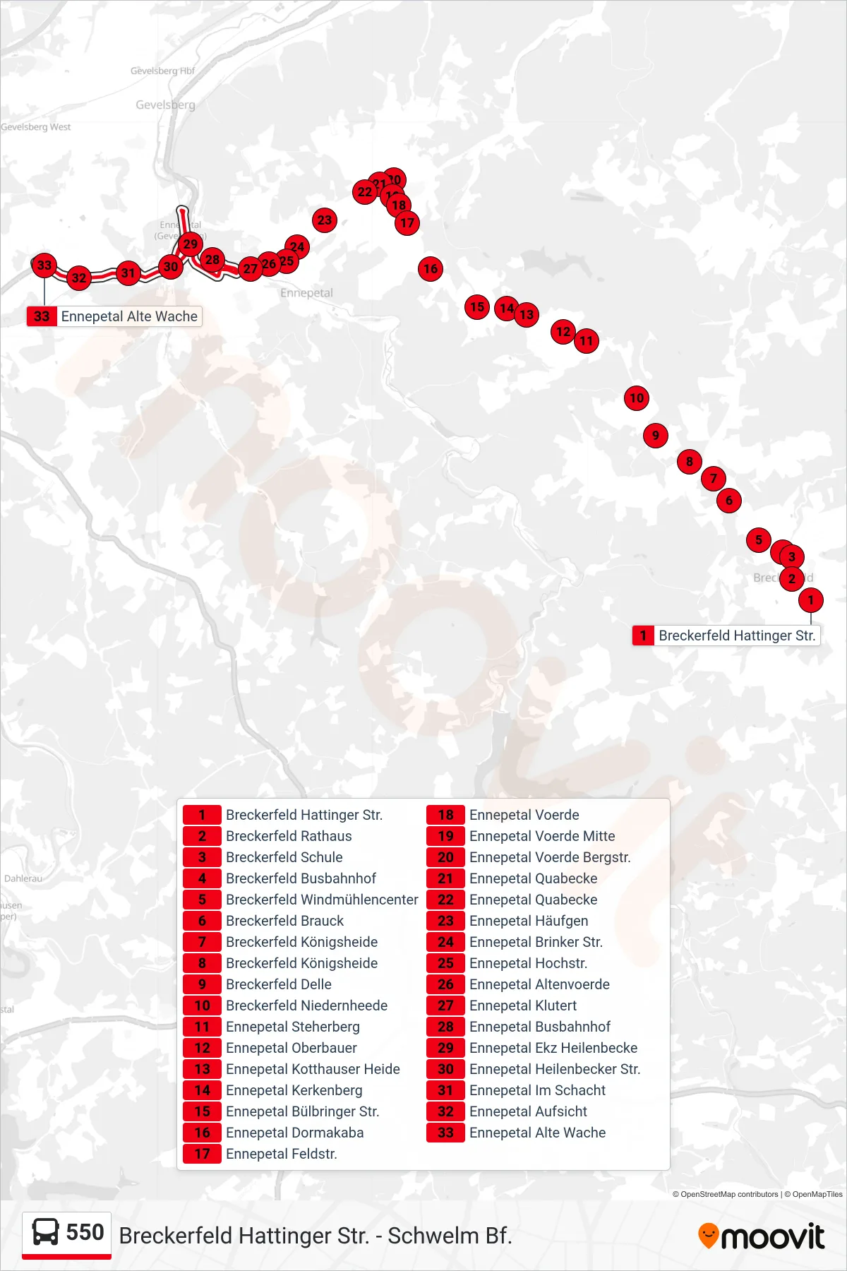 Linie 550 (Bus) Richtung Ennepetal Alte Wache: Route und Haltestellen auf der Karte