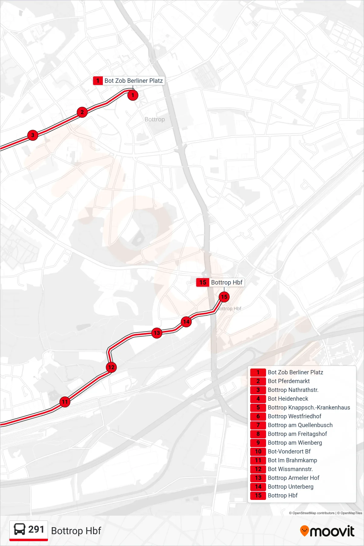 Linie 291 (Bus) Richtung Bottrop Hbf: Route und Haltestellen auf der Karte