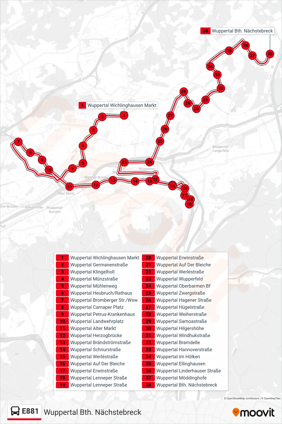 Linie E881 (Bus) Richtung Wuppertal Bth. Nächstebreck: Route und Haltestellen auf der Karte