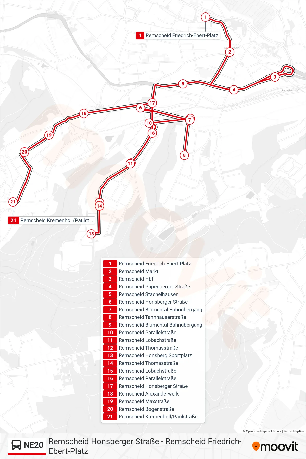 Linie NE20 (Bus) Richtung Remscheid Kremenholl/Paulstraße: Route und Haltestellen auf der Karte