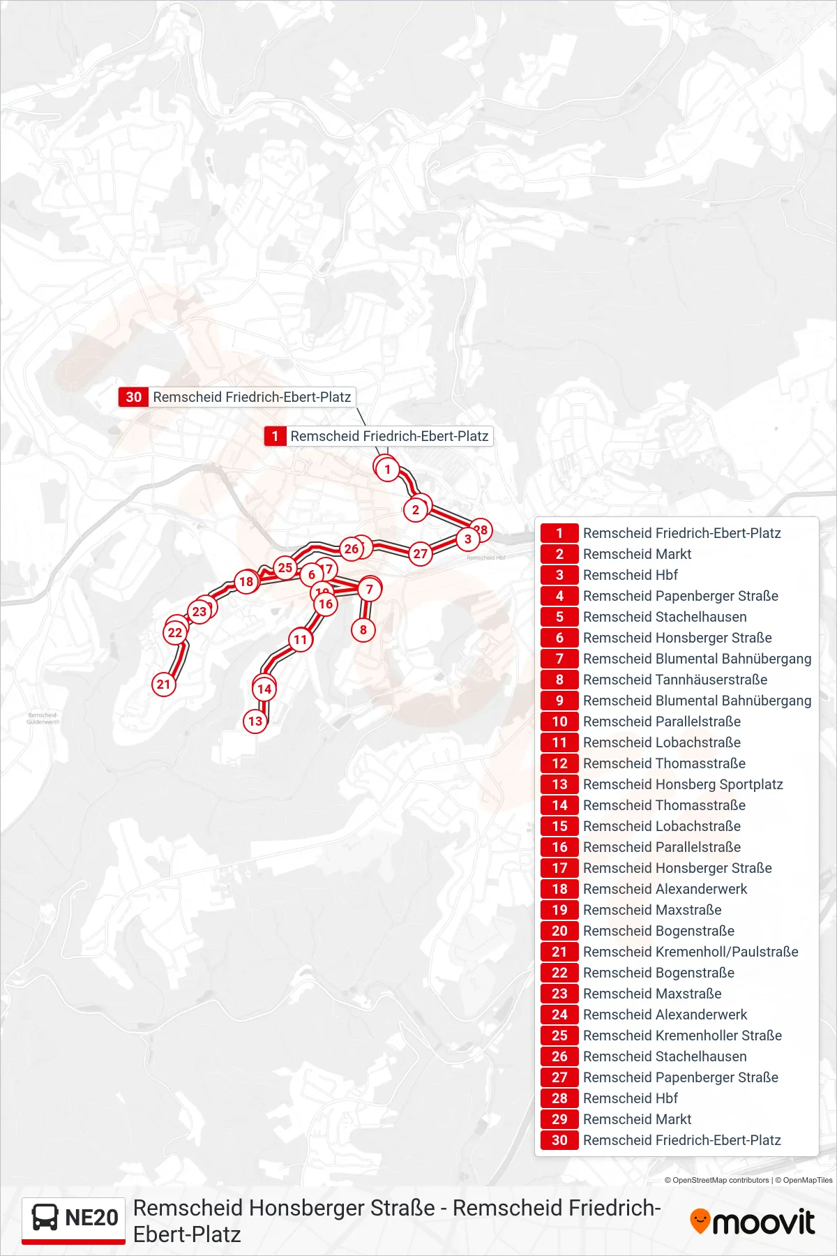 NE20 bus Line (Remscheid Friedrich-Ebert-Platz) route and stops on a map