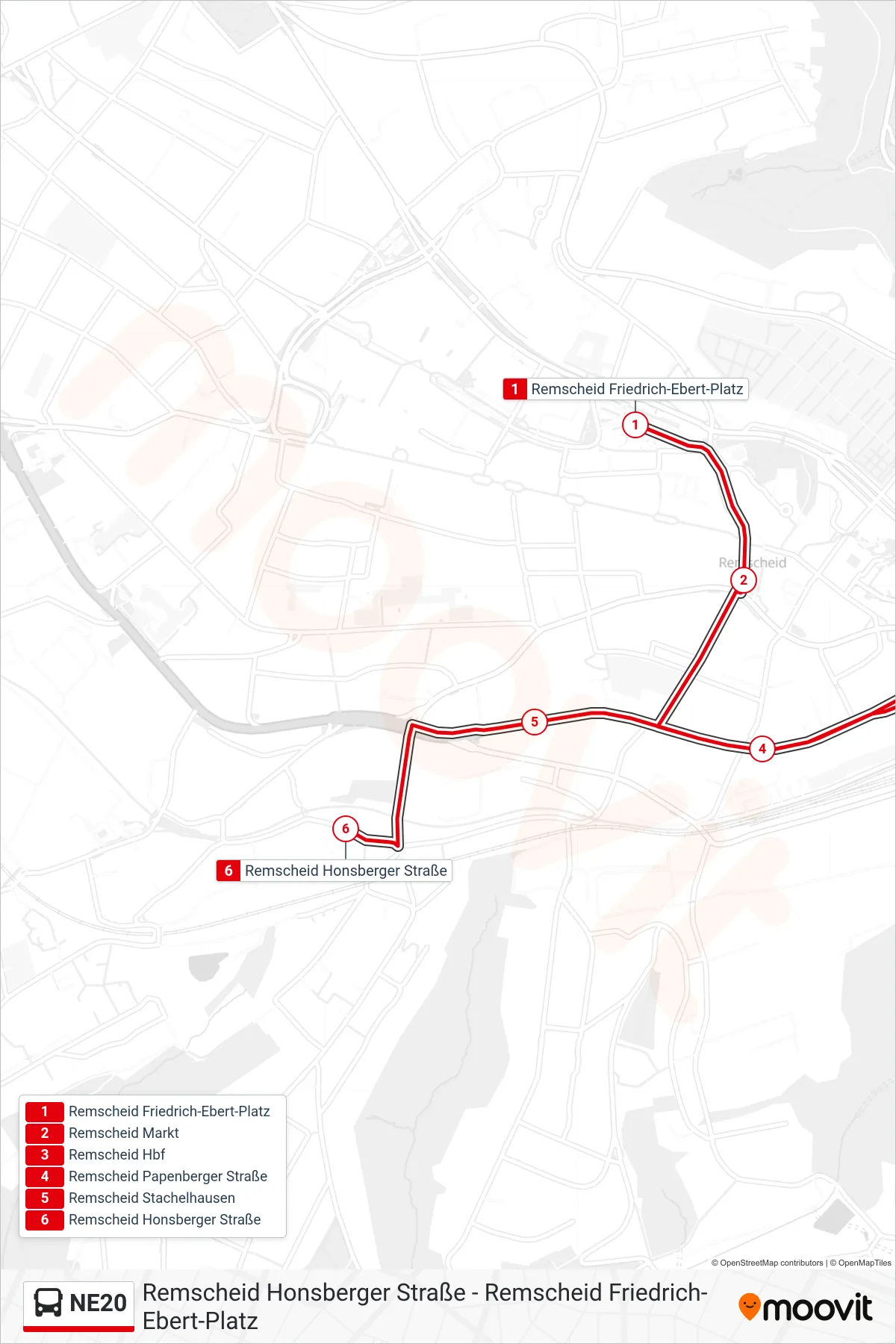 NE20 bus Line (Remscheid Honsberger Straße) route and stops on a map