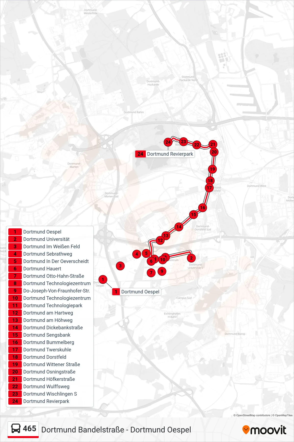 Linie 465 (Bus) Richtung Dortmund Revierpark: Route und Haltestellen auf der Karte