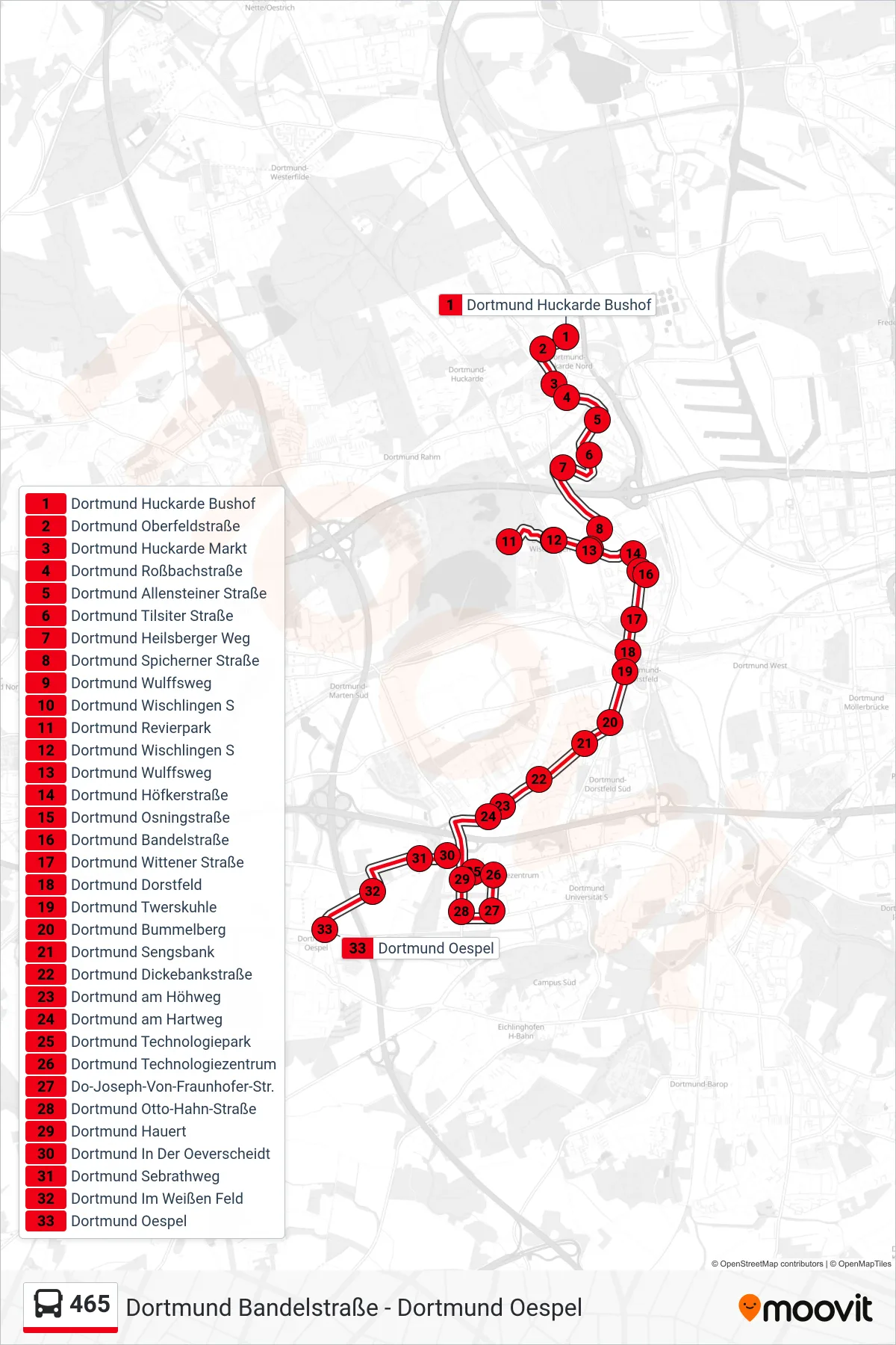 Linie 465 (Bus) Richtung Dortmund Oespel: Route und Haltestellen auf der Karte