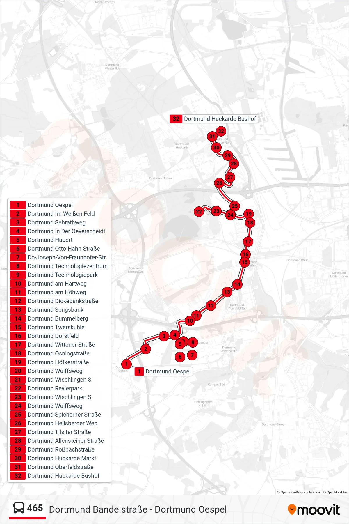 465 bus Line (Dortmund Huckarde Bushof) route and stops on a map
