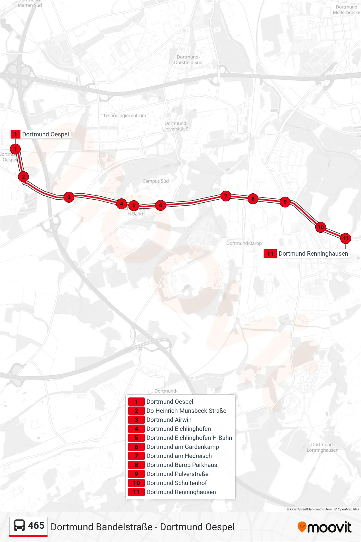 Linie 465 (Bus) Richtung Dortmund Renninghausen: Route und Haltestellen auf der Karte