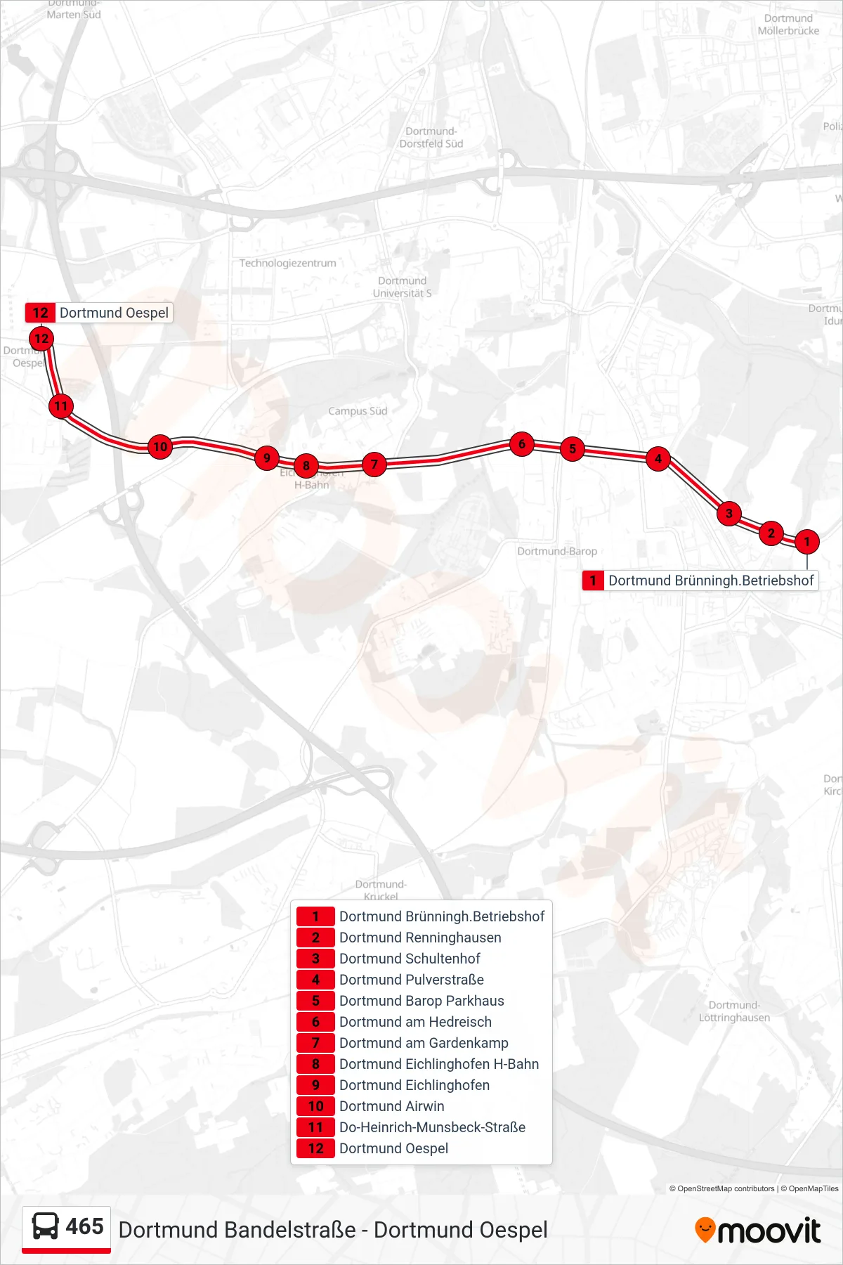 Linie 465 (Bus) Richtung Dortmund Oespel: Route und Haltestellen auf der Karte