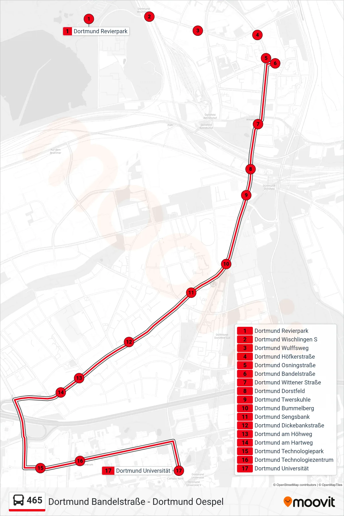 465 bus Line (Dortmund Universität) route and stops on a map