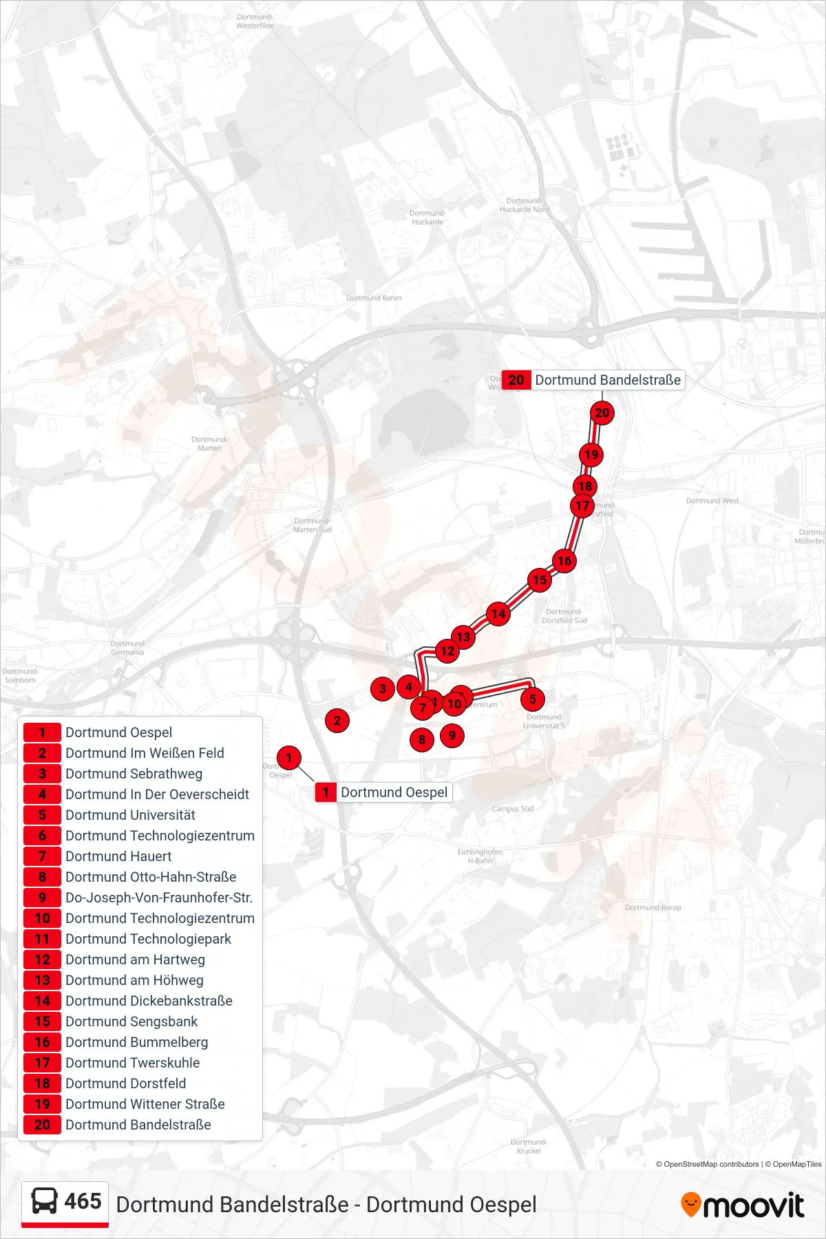 Linie 465 (Bus) Richtung Dortmund Bandelstraße: Route und Haltestellen auf der Karte