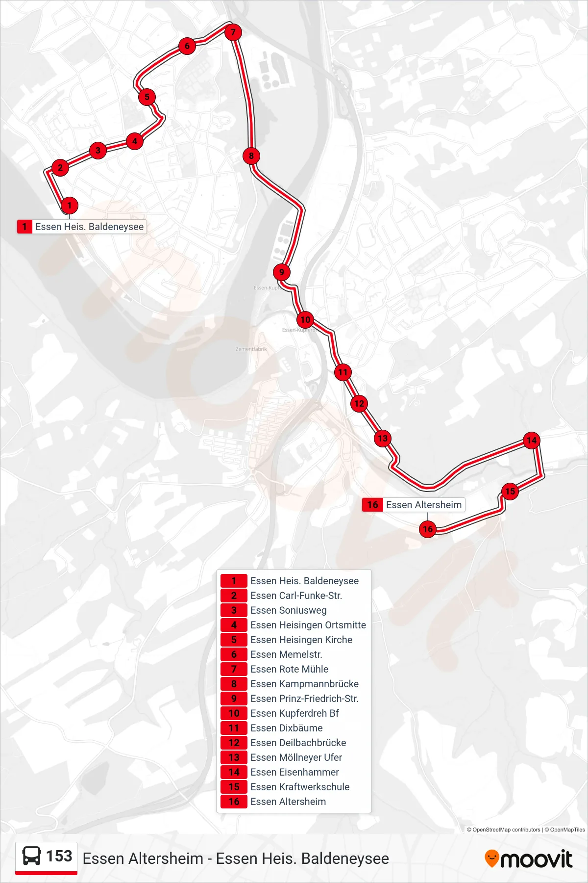 153 bus Line (Essen Altersheim) route and stops on a map