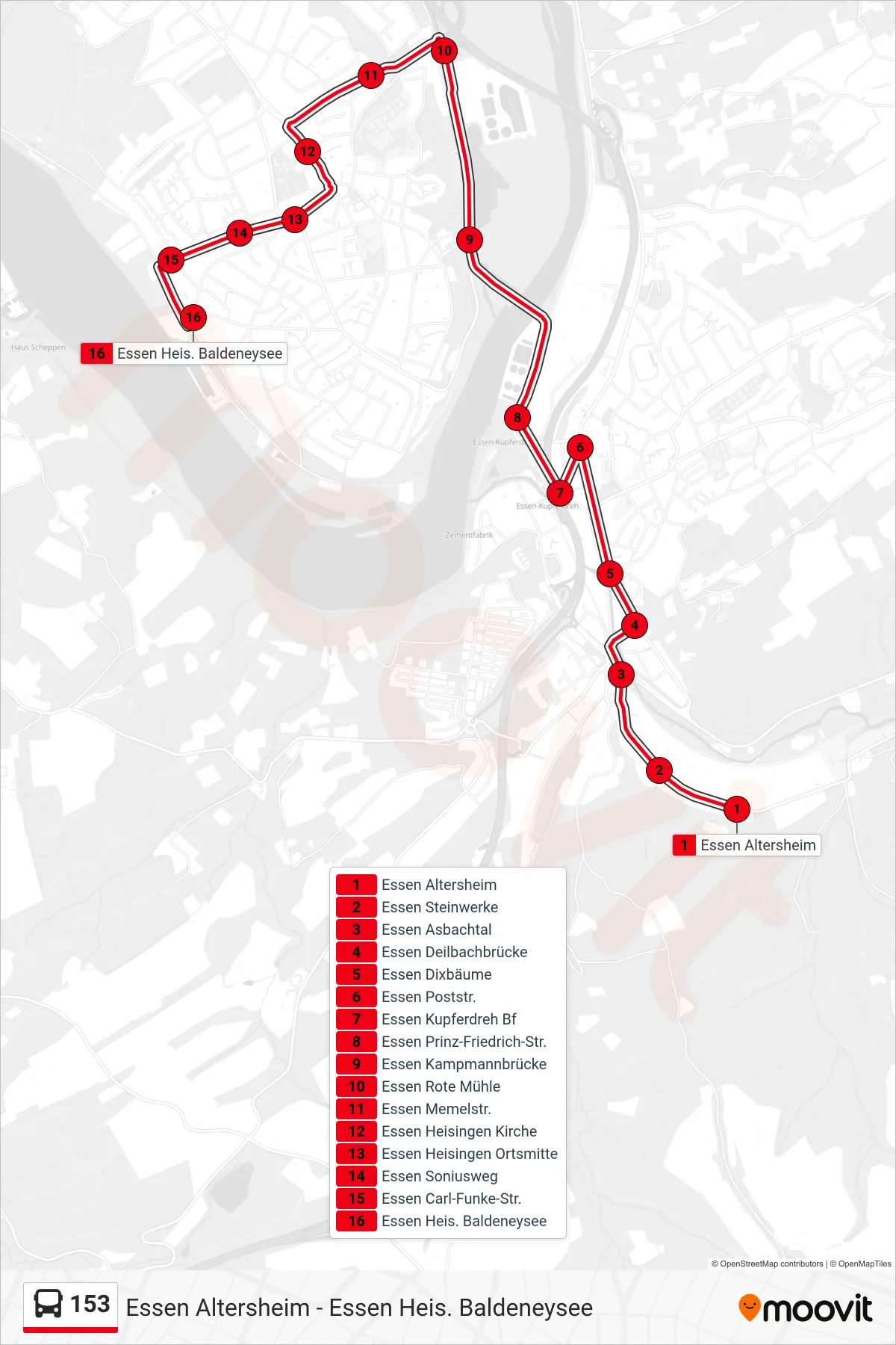 Linie 153 (Bus) Richtung Essen Heis. Baldeneysee: Route und Haltestellen auf der Karte