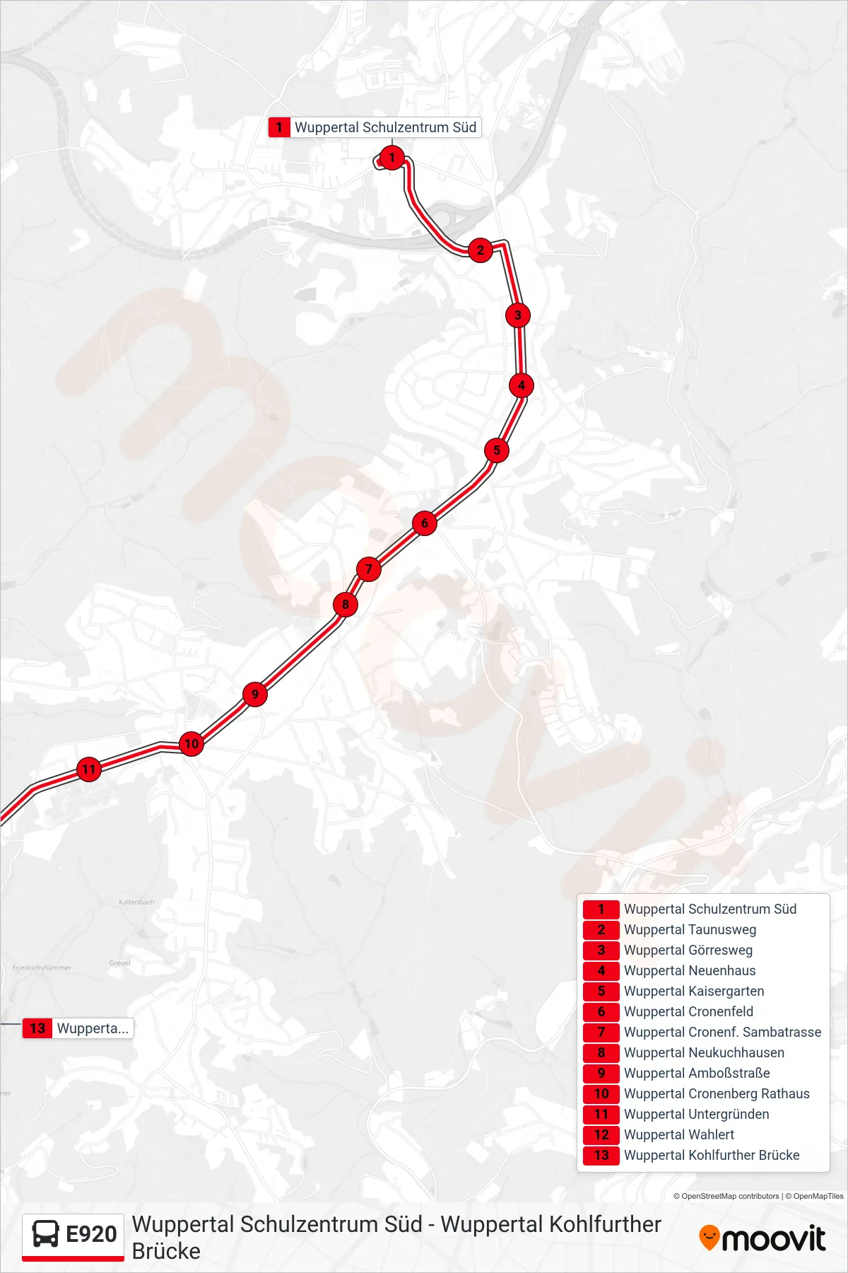 Linie E920 (Bus) Richtung Wuppertal Kohlfurther Brücke: Route und Haltestellen auf der Karte