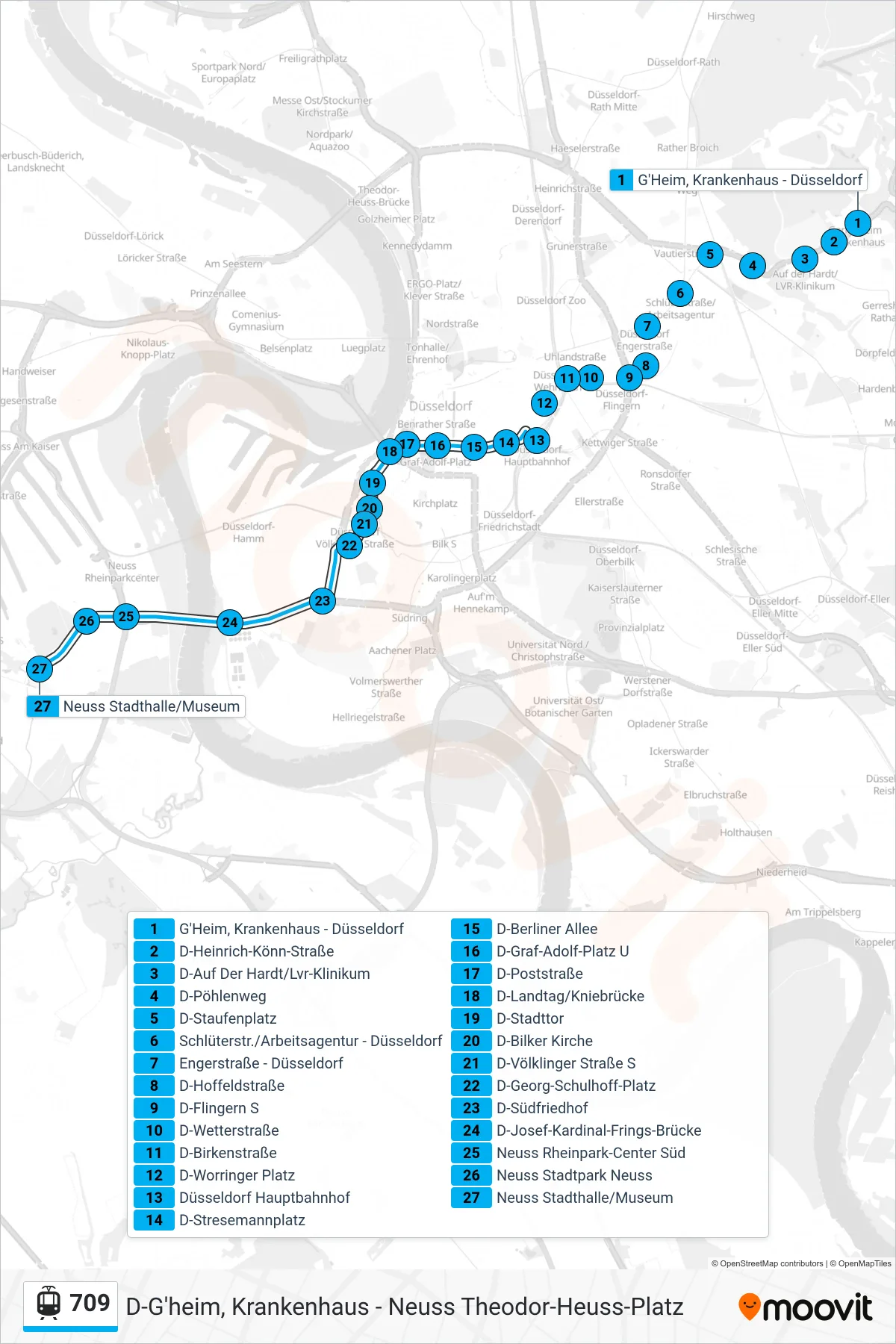Linie 709 (Straßenbahn) Richtung Neuss Stadthalle/Museum: Route und Haltestellen auf der Karte