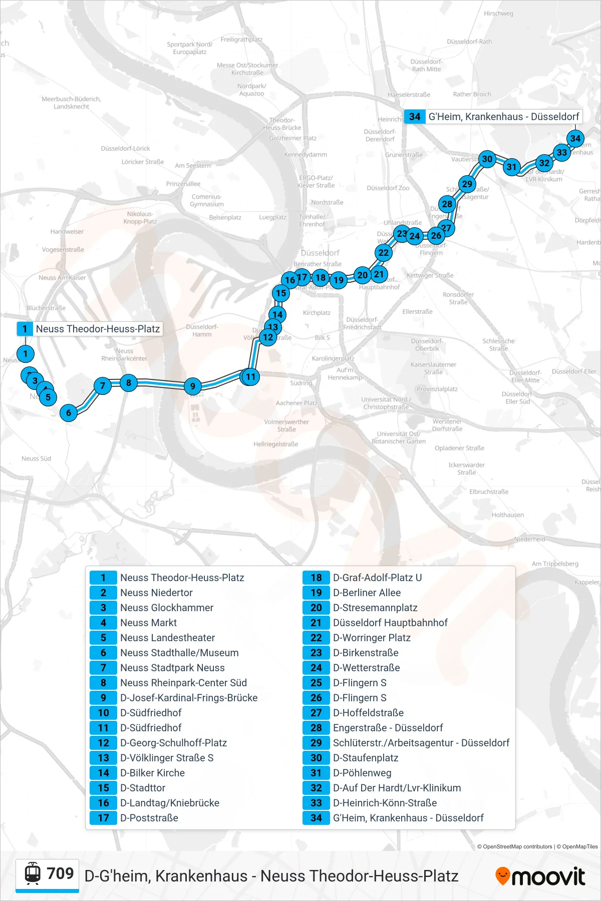709 light rail Line (D-G'Heim, Krankenhaus) route and stops on a map