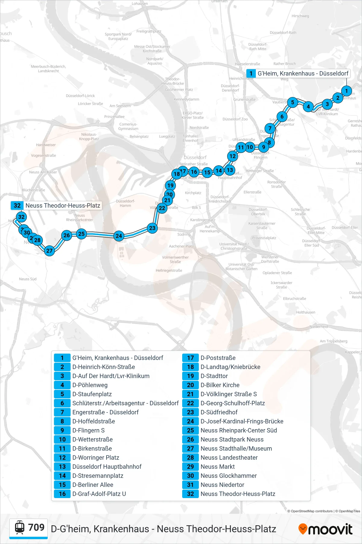 709 light rail Line (Neuss Hauptbahnhof) route and stops on a map