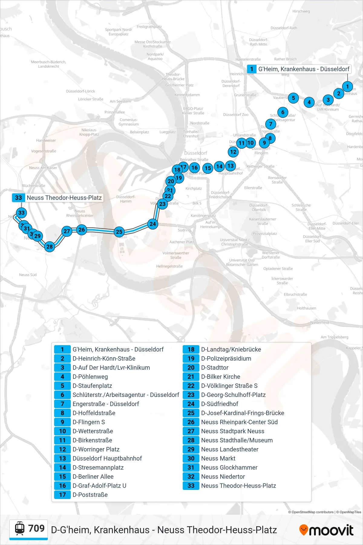 709 light rail Line (Neuss Theodor-Heuss-Platz) route and stops on a map
