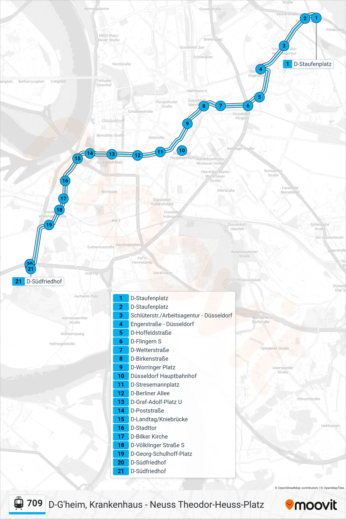 709 light rail Line (D-Südfriedhof) route and stops on a map