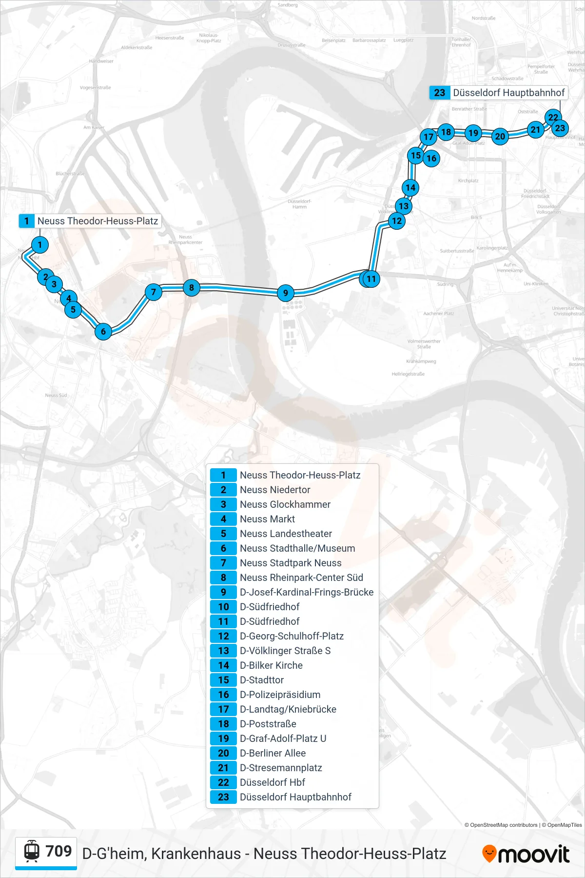 709 light rail Line (Düsseldorf Hbf) route and stops on a map