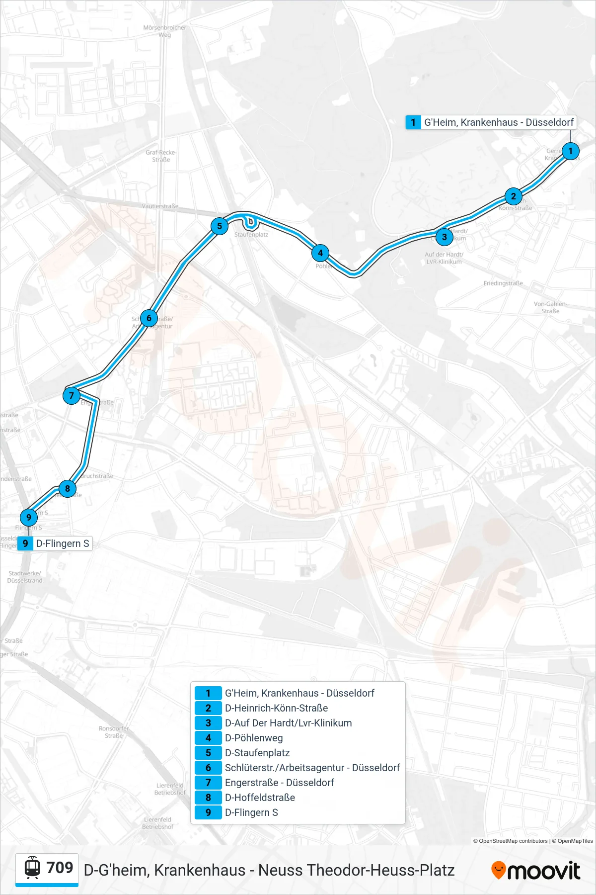 709 light rail Line (D-Flingern S) route and stops on a map
