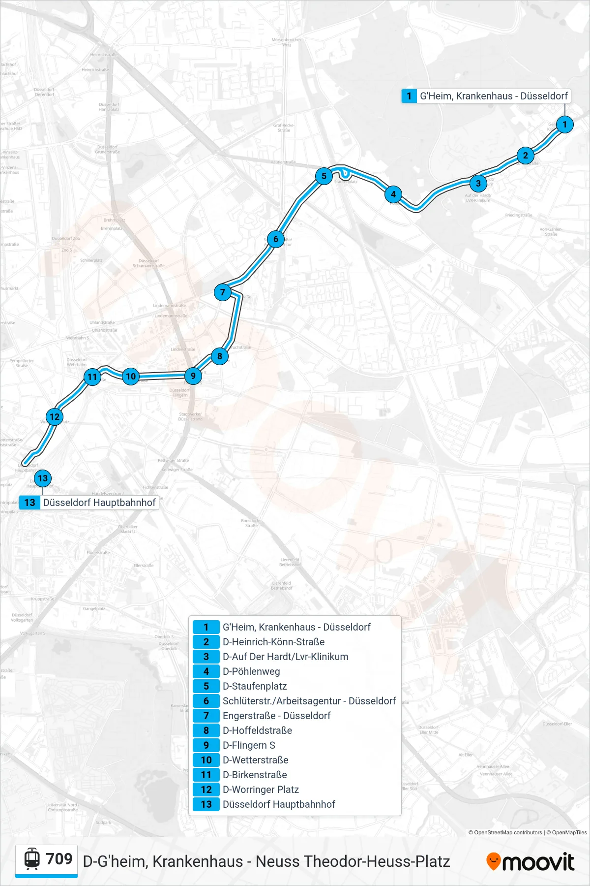 709 light rail Line (Düsseldorf Hbf) route and stops on a map