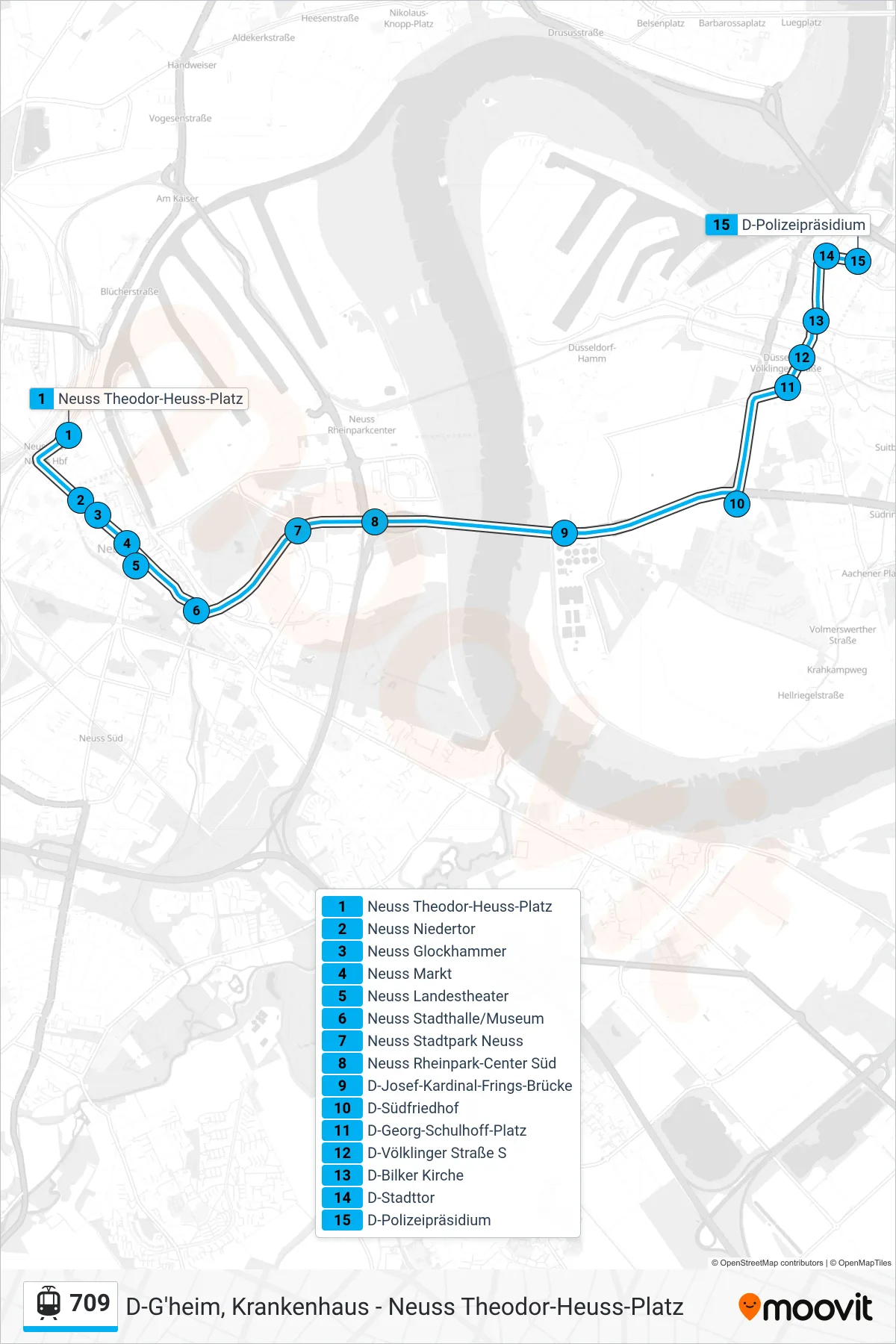 Linie 709 (Straßenbahn) Richtung D-Polizeipräsidium: Route und Haltestellen auf der Karte