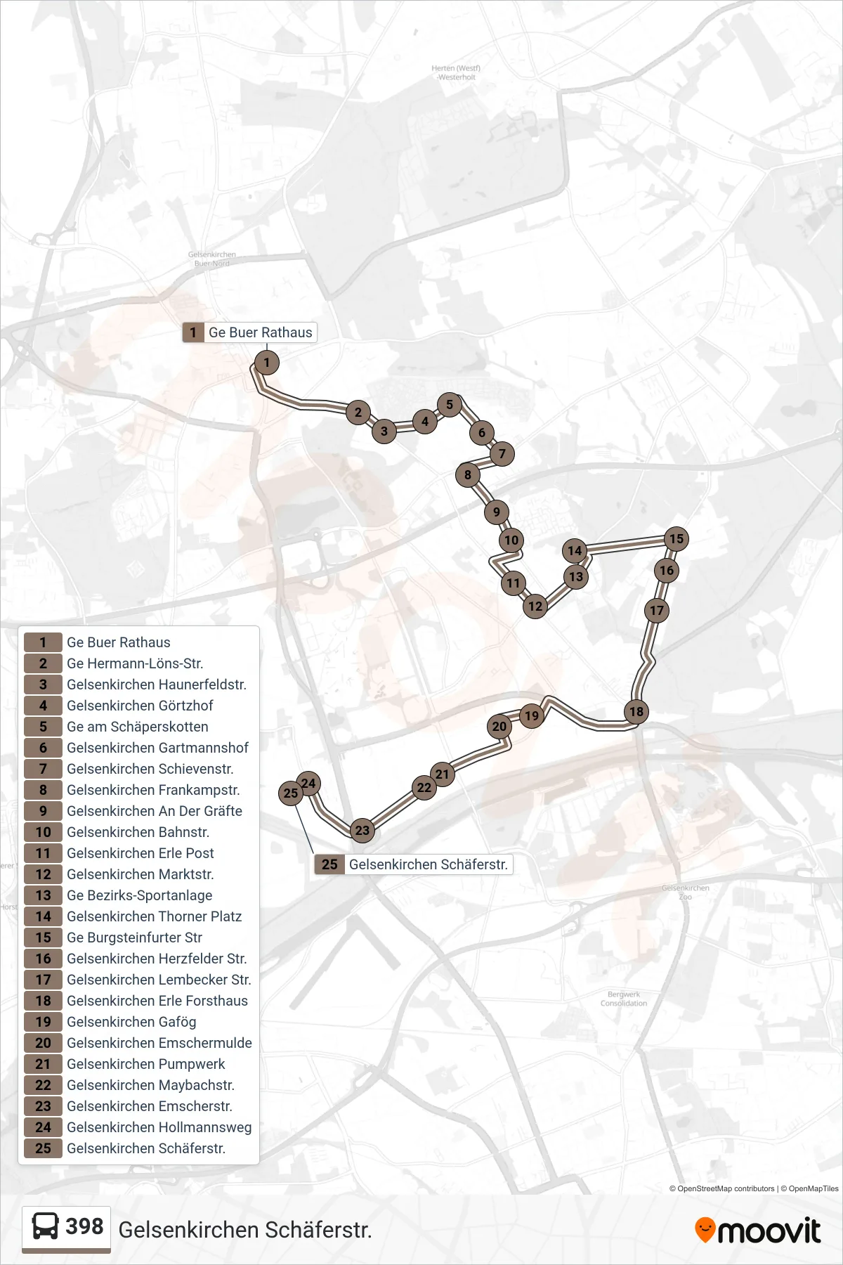 398 bus Line (Gelsenkirchen Schäferstr.) route and stops on a map