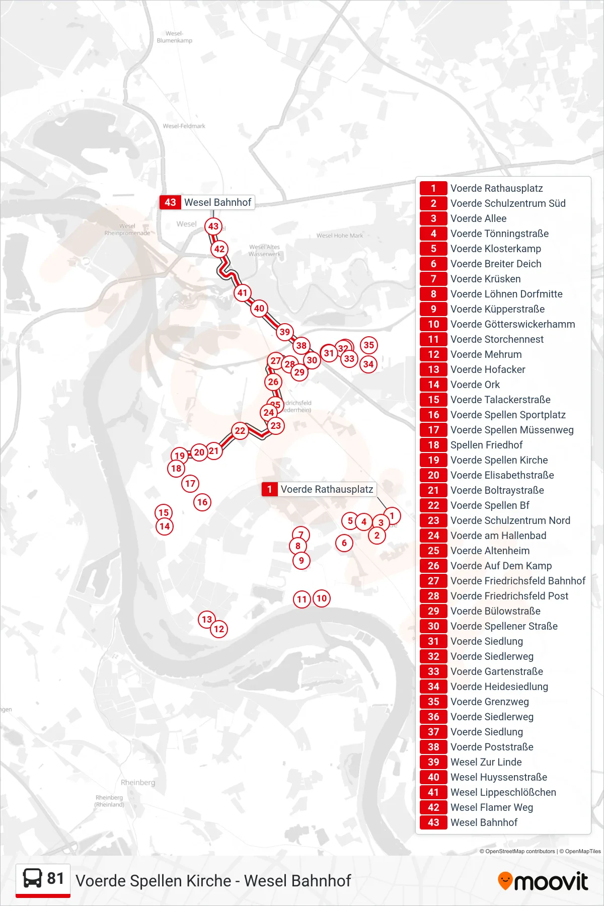 Linie 81 (Bus) Richtung Wesel Bahnhof: Route und Haltestellen auf der Karte