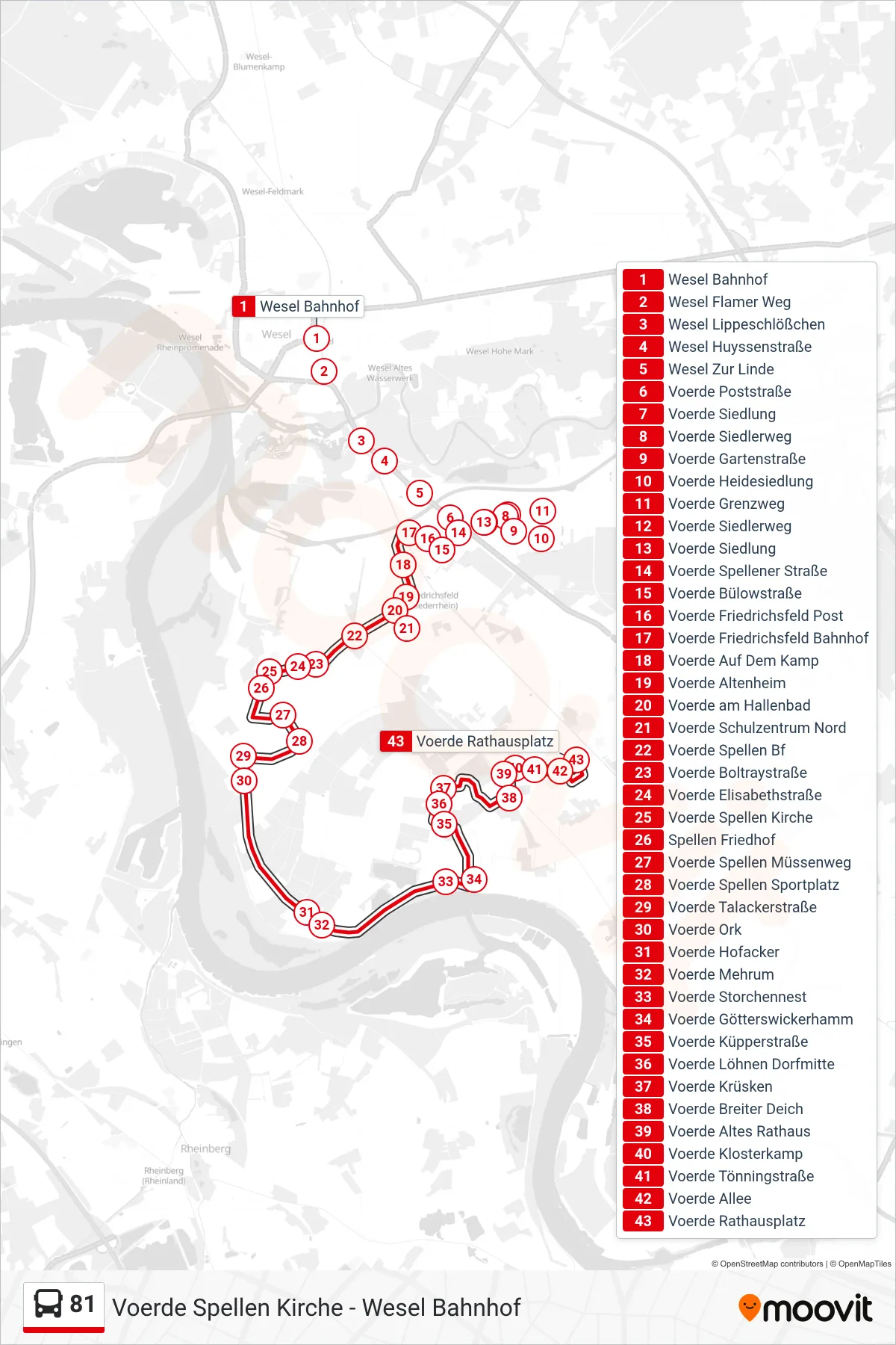 Linie 81 (Bus) Richtung Voerde Rathausplatz: Route und Haltestellen auf der Karte