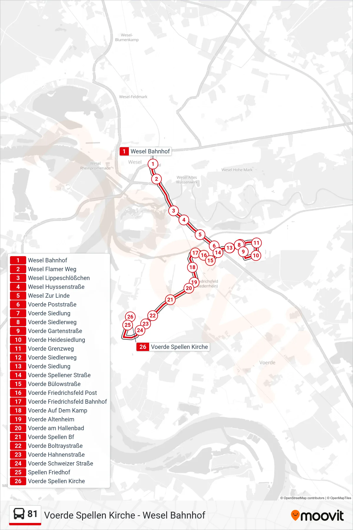 Linie 81 (Bus) Richtung Voerde Spellen Kirche: Route und Haltestellen auf der Karte