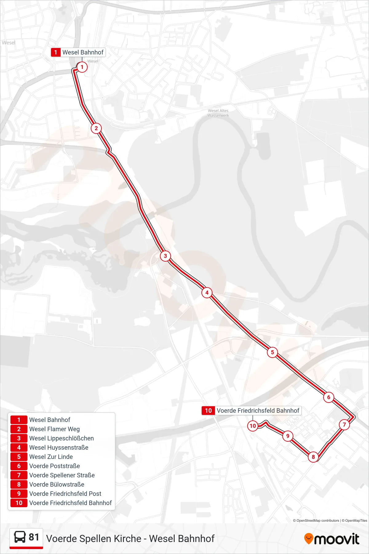 Linie 81 (Bus) Richtung Voerde Friedrichsfeld Bahnhof: Route und Haltestellen auf der Karte