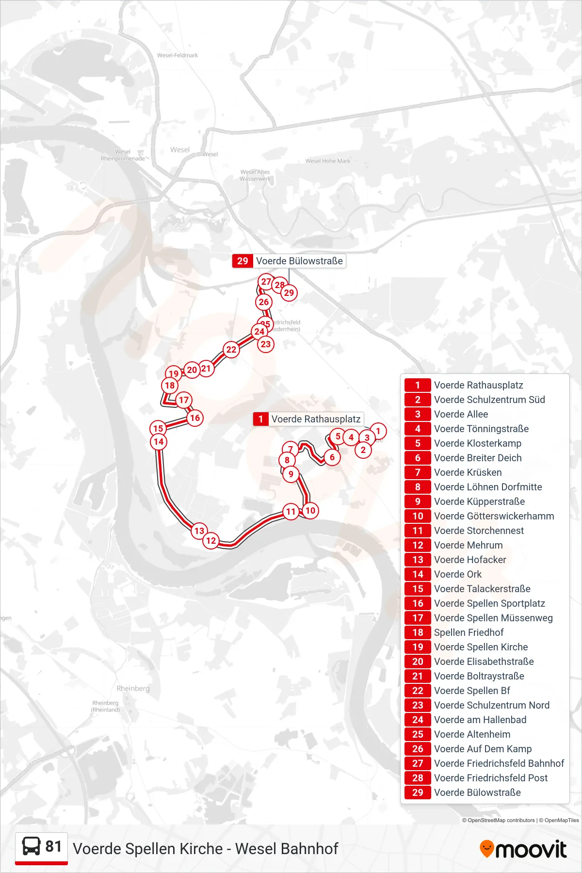 81 bus Line (Voerde Bülowstraße) route and stops on a map