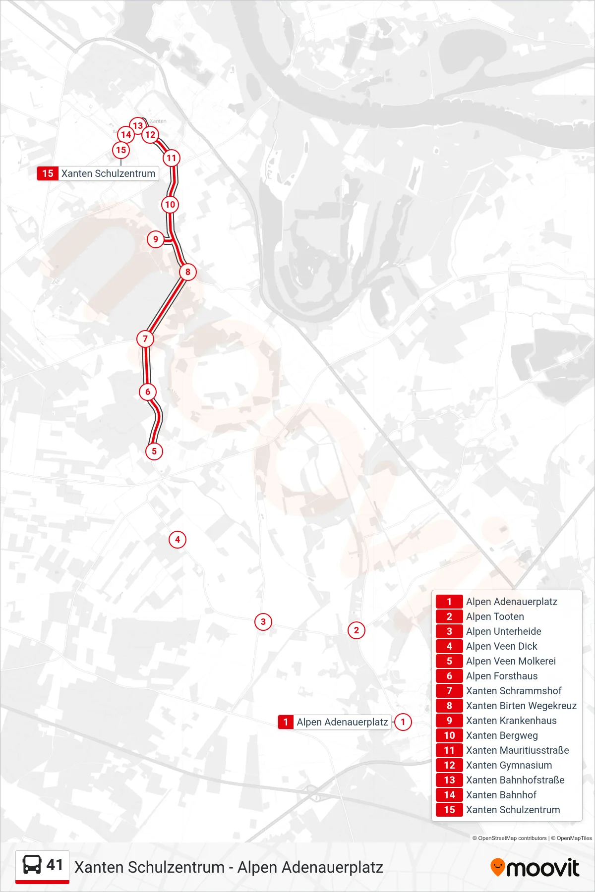 41 bus Line (Xanten Schulzentrum) route and stops on a map